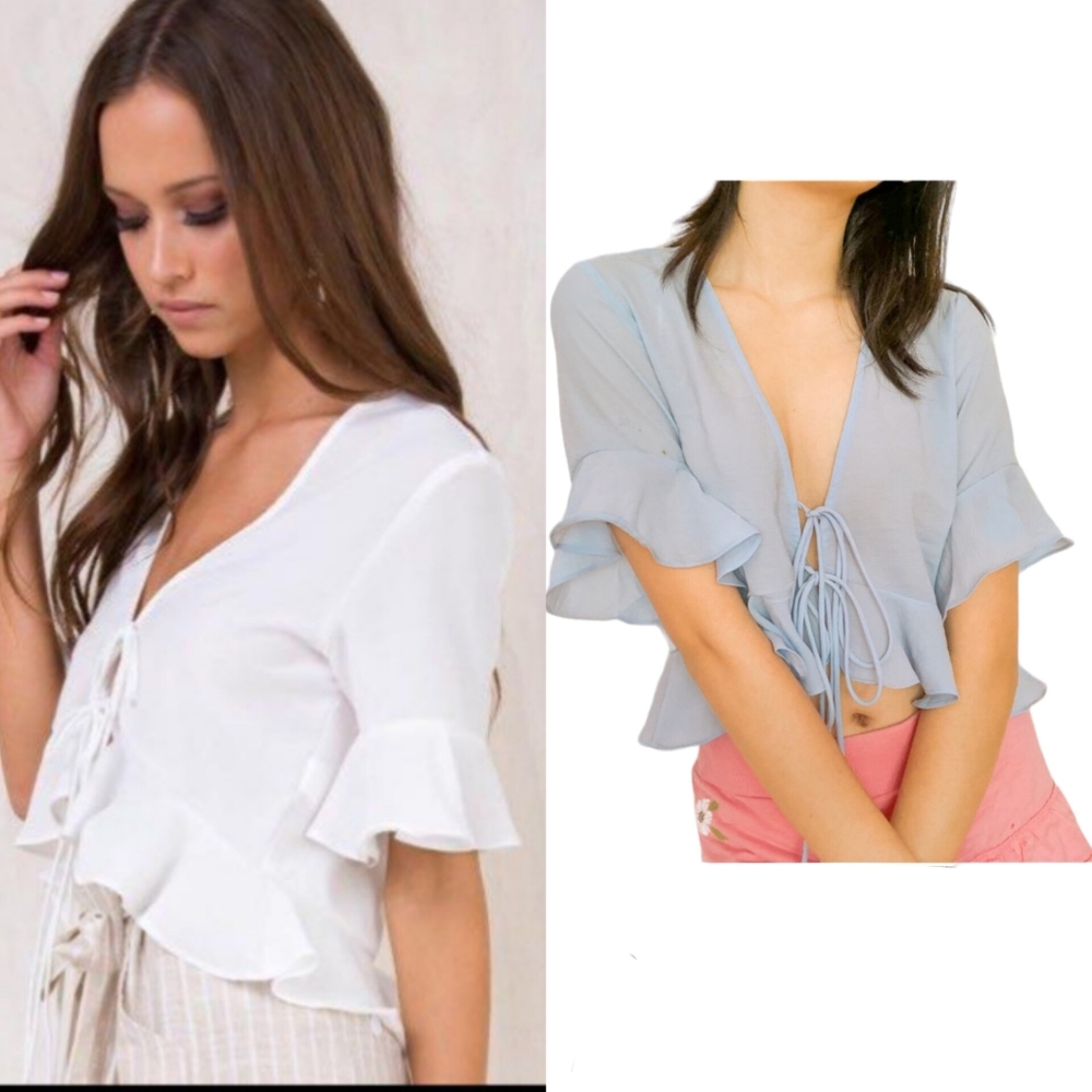 Princess Polly Felicity Sinclair Tie Front Top Baby Blue Size 8 Ruffle Sleeve
